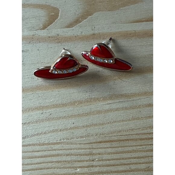 Red Cowboy Red Hat Society Stud Earrings With Rhinestones Accents - Picture 1 of 5